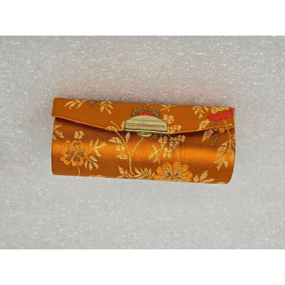 Vintage Orange Floral Silk Brocade Lipstick Case With Mirror & Snap Closure - Picture 1 of 3